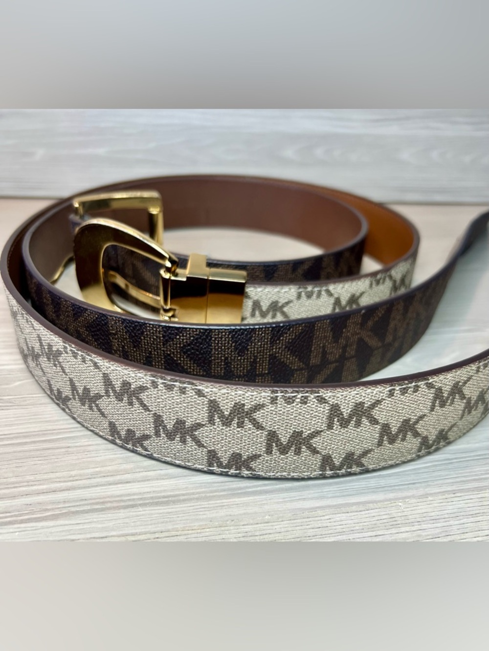 Michael Kors MK Women's Reversible Belt Logo Monogram Brown Vanilla Gold Buckle